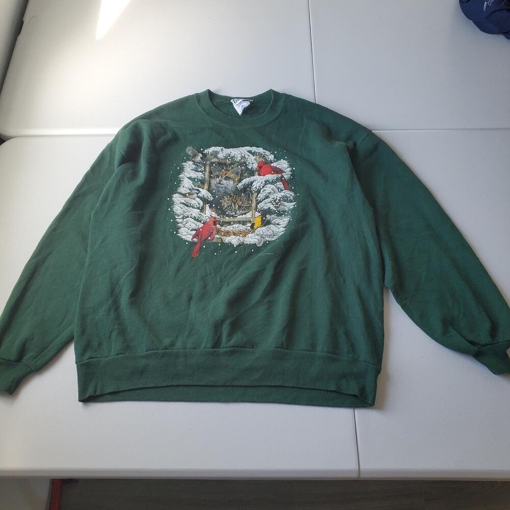Vintage Endless Designs Sweatshirt Womens 2XL Green Cat Cardinal Christmas 90s - Picture 2 of 8